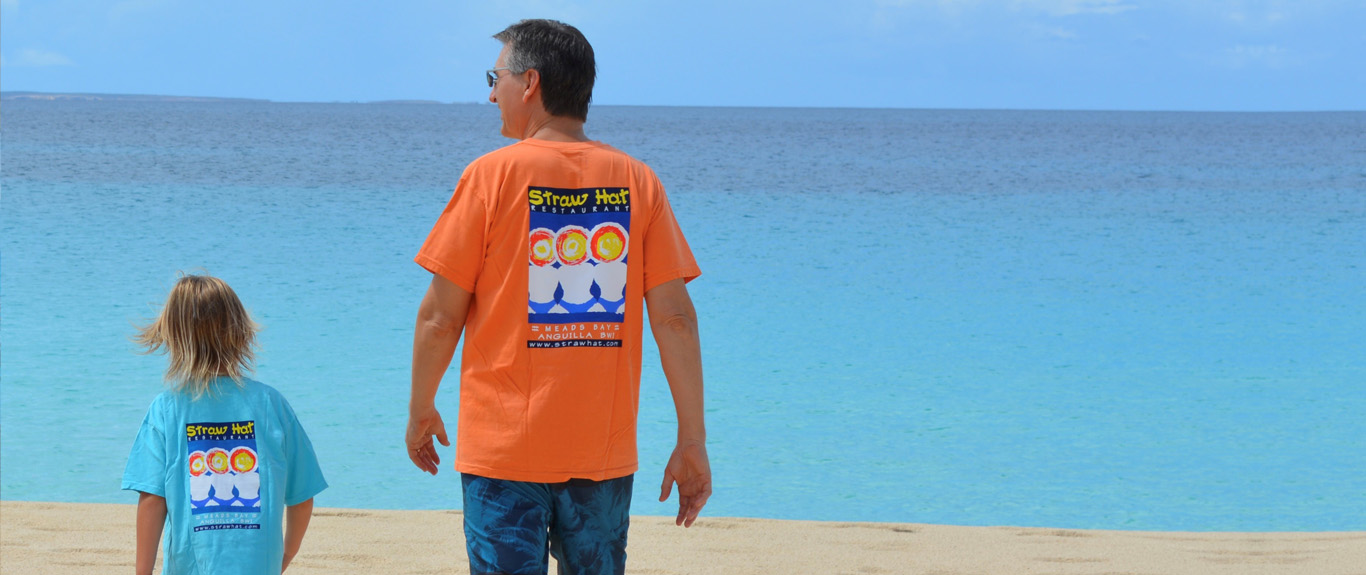 Strawhat merchandise - Father and son on beach in strawhat tshirts
